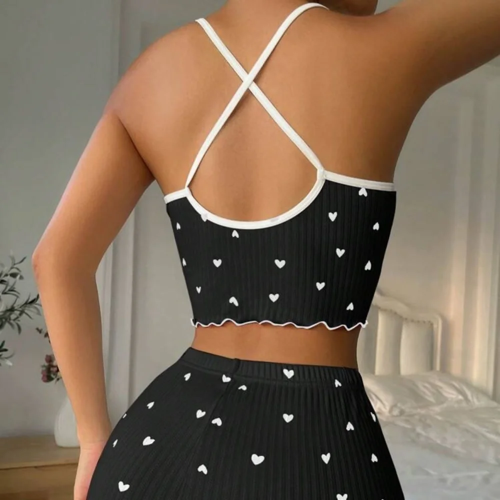 SHEIN | Black Heart Print Contrast Binding Bow Front PJ Short Set